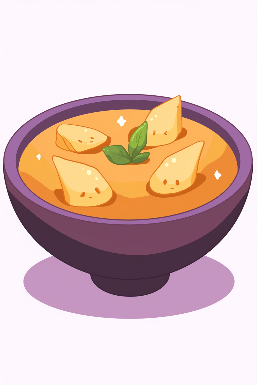 Thanksgiving food drawing ideas featuring a cozy bowl of butternut squash soup garnished with basil leaves and cheesy croutons.
